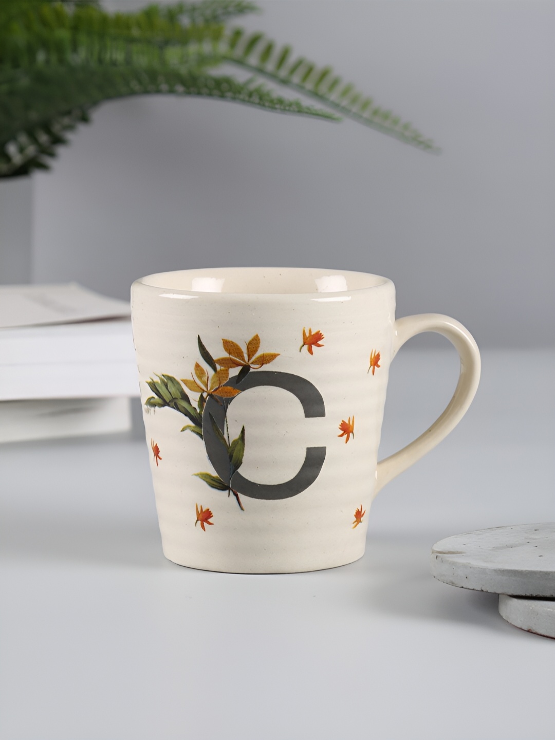 

India Circus by Krsnaa Mehta Grey & White Floral Printed Stoneware Glossy Mug