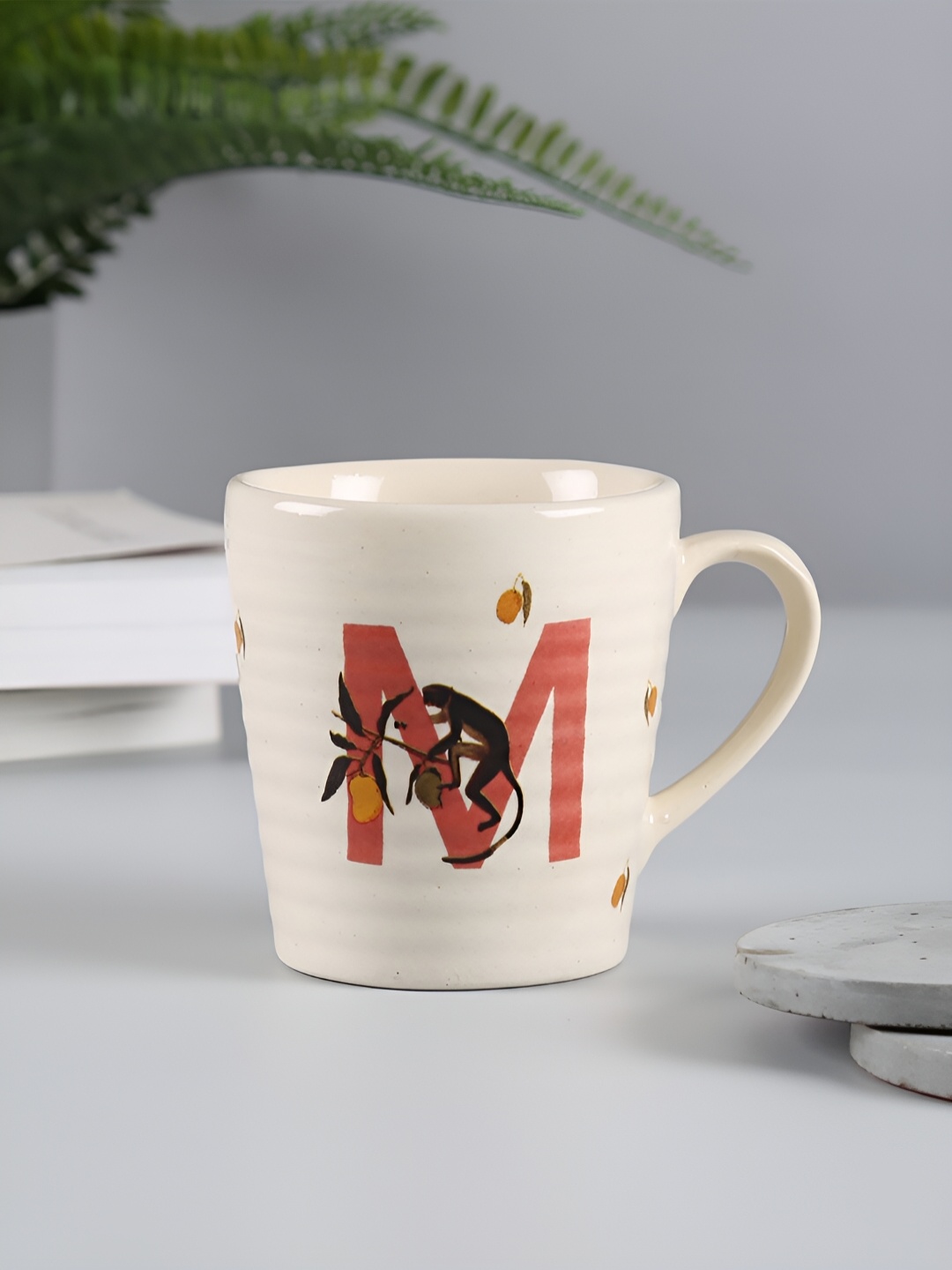 

India Circus by Krsnaa Mehta White & Orange Printed Stoneware Glossy Mug