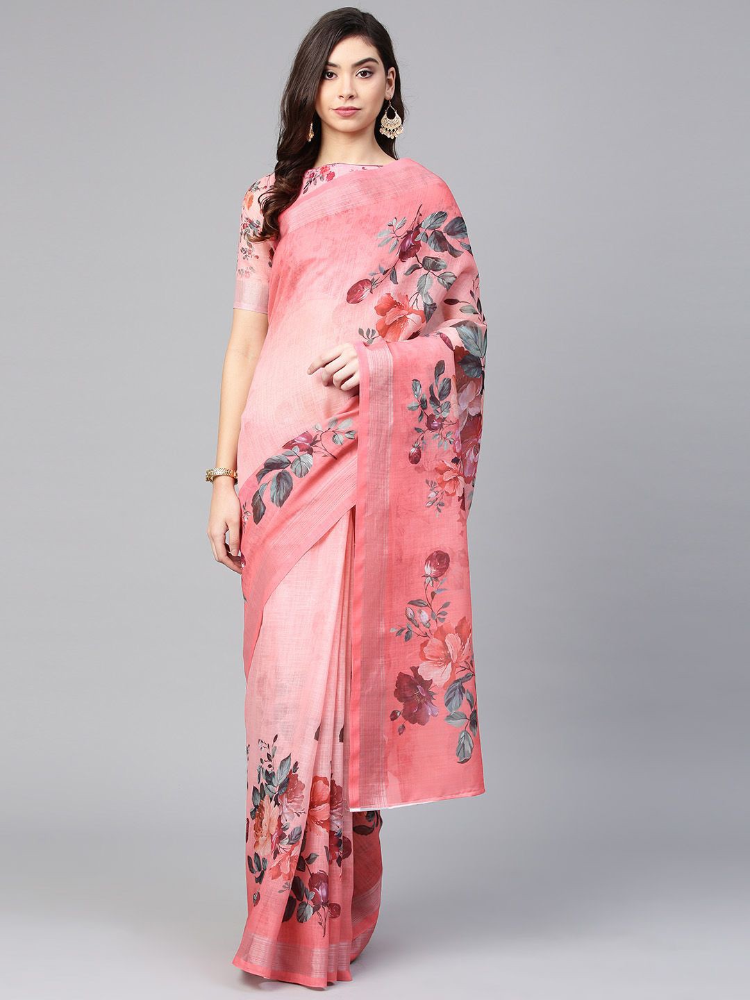 

BAESD Floral Printed Zari Pure Linen Saree, Peach