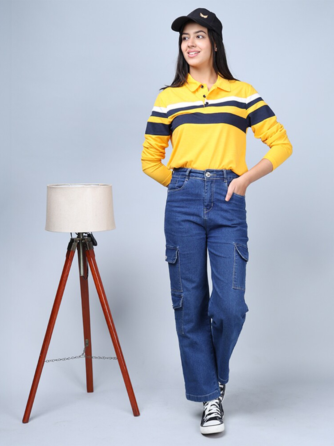 

Eyebogler Women Striped Polo Collar Pockets T-shirt, Gold