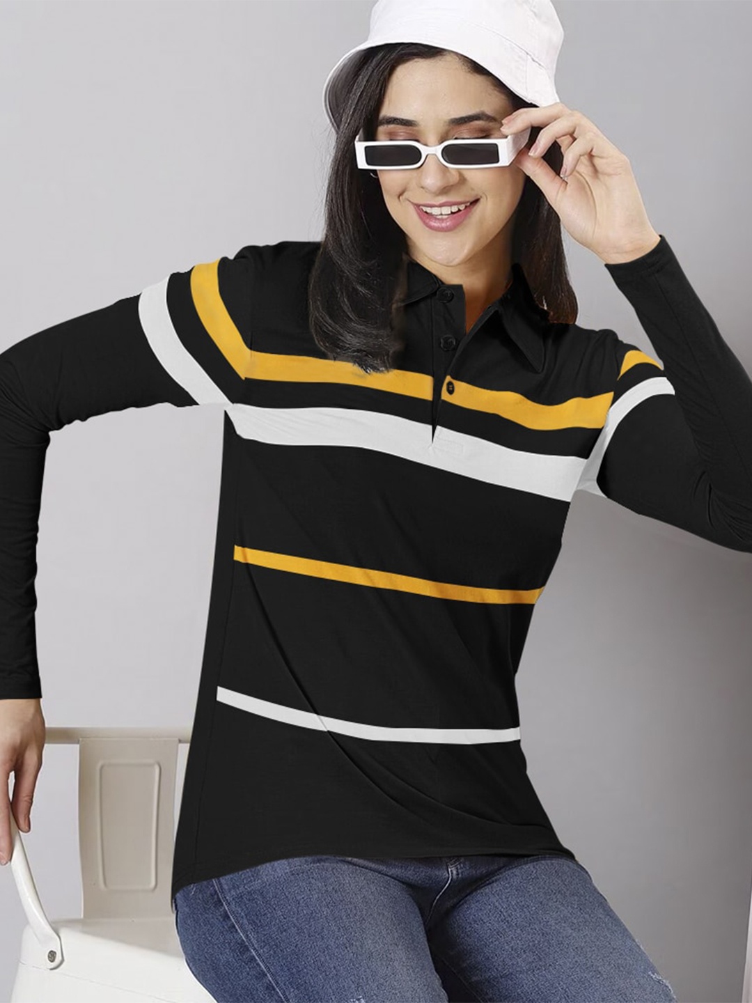 

Eyebogler Women Striped Polo Collar Extended Sleeves Pockets T-shirt, Black