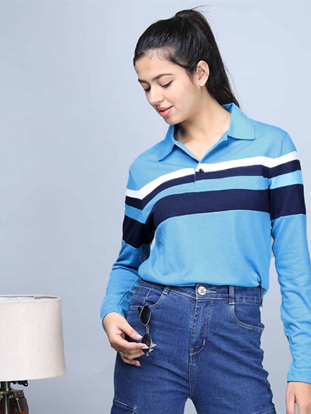 

Eyebogler Women Striped Polo Collar Applique T-shirt, Blue