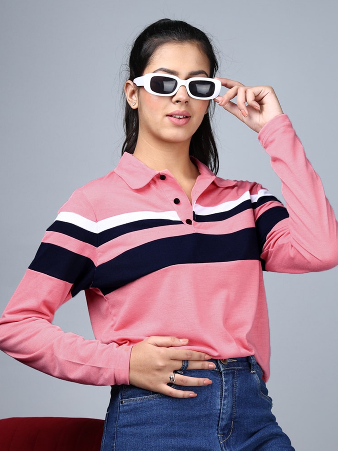 

Eyebogler Women Striped Polo Collar Applique T-shirt, Peach