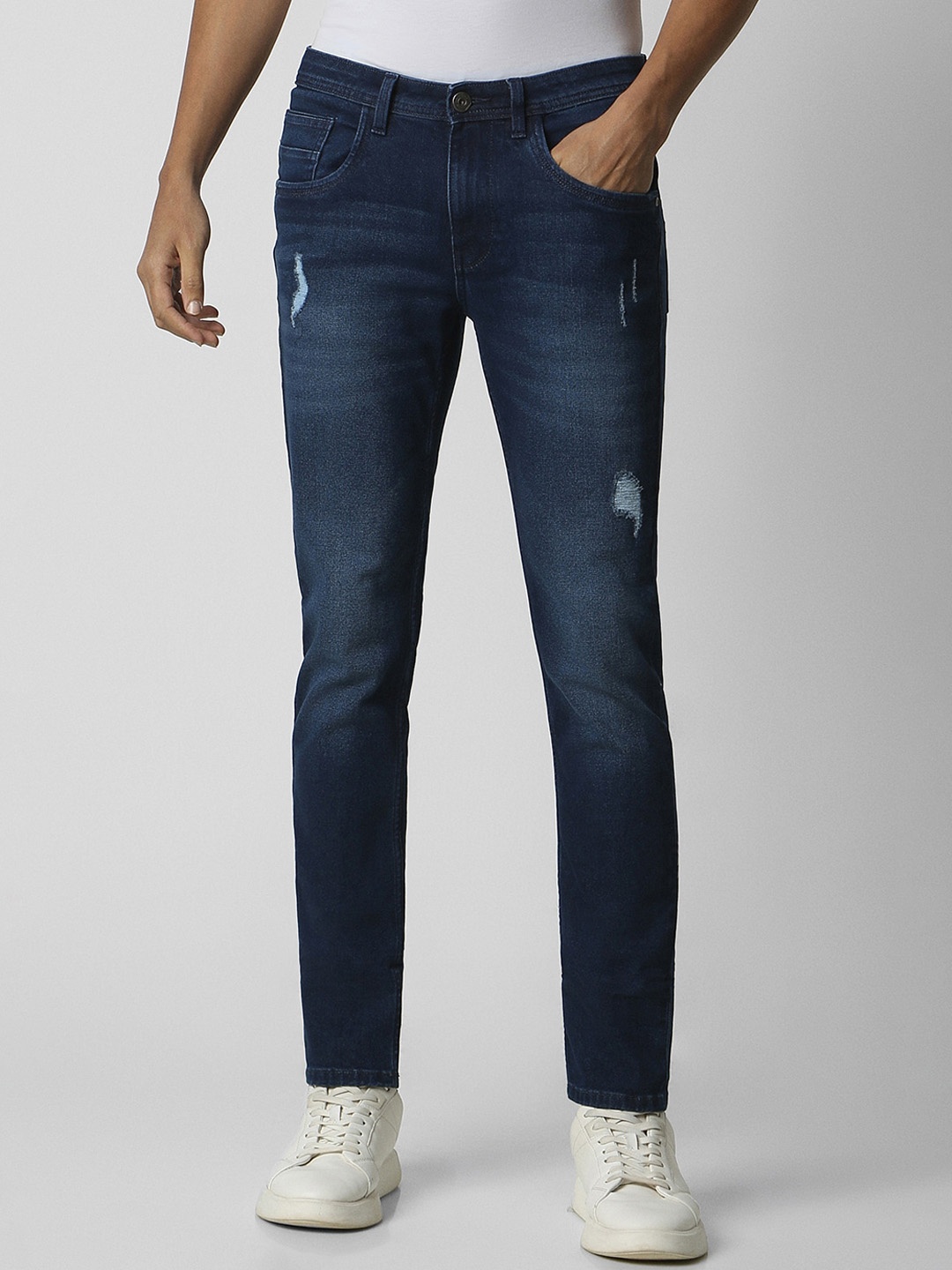 

VAN HEUSEN DENIM LABS Men Skinny Fit Low Distress Light Fade Jeans, Navy blue