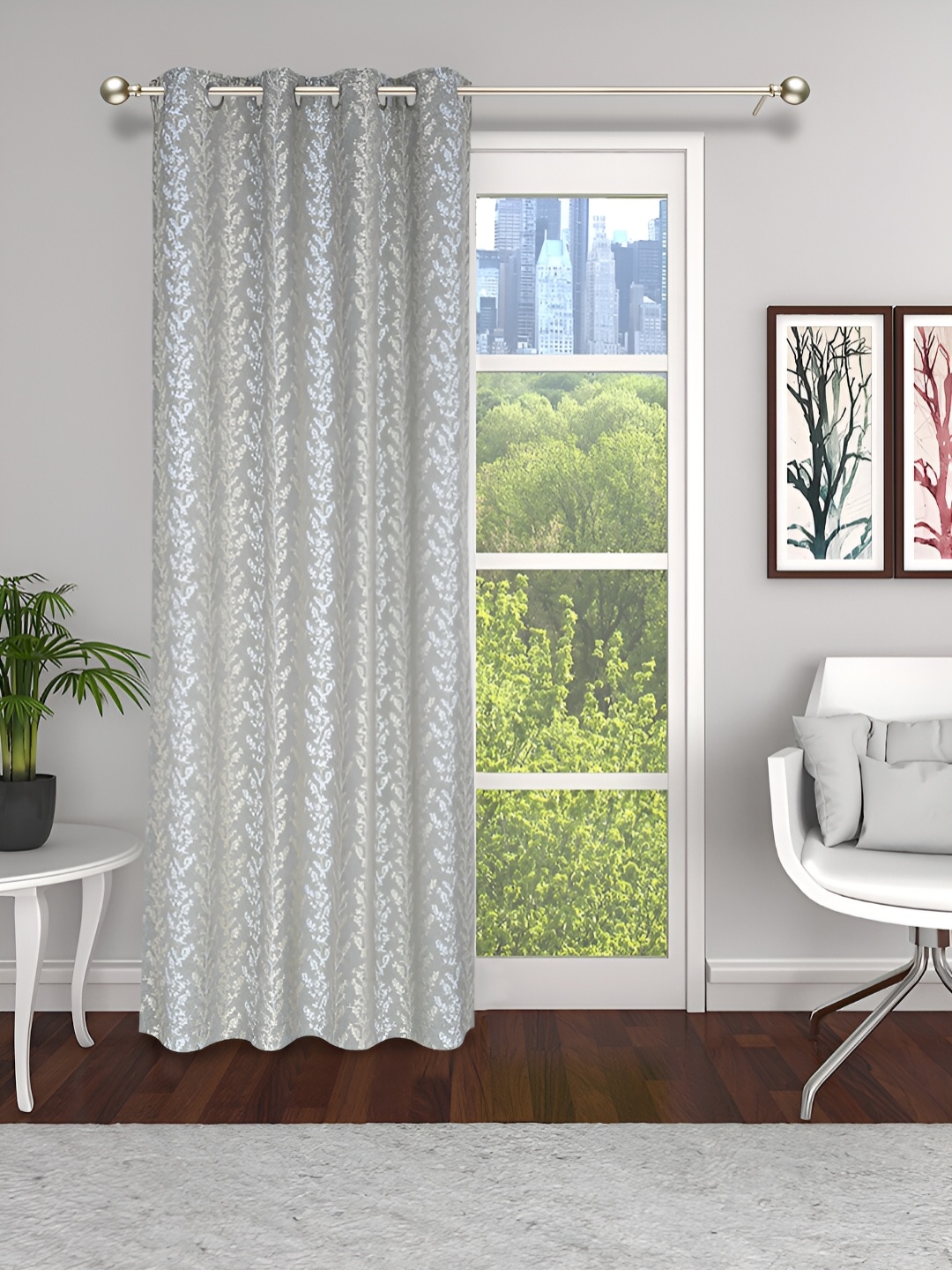 THE CONVERSION Grey Floral Room Darkening Long Door Curtain