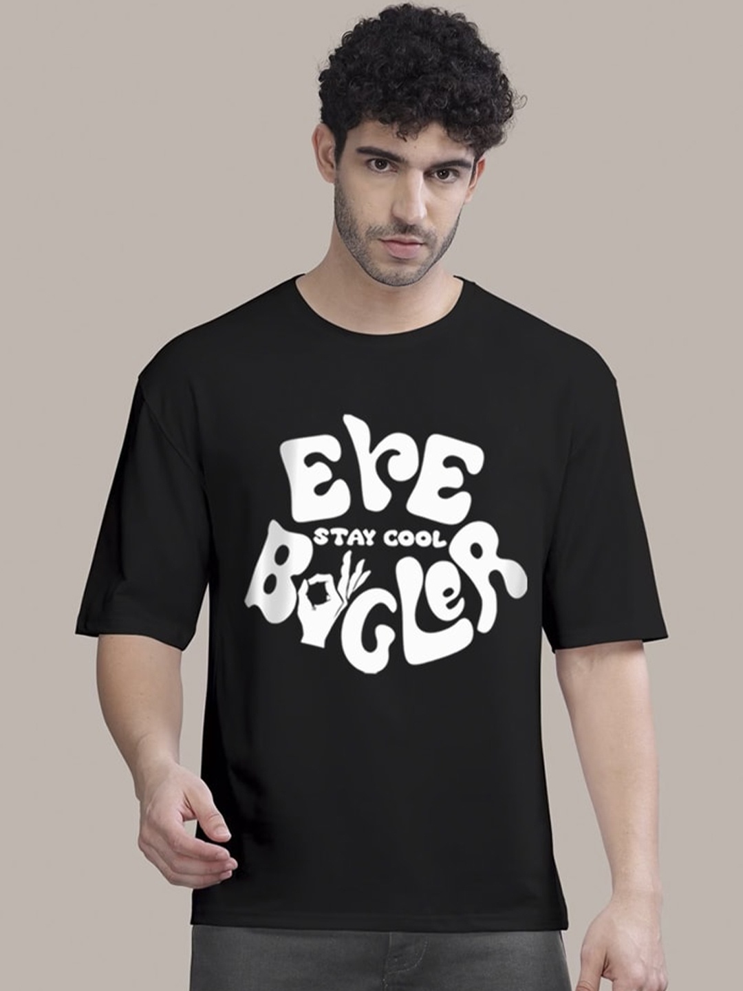 Eyebogler Men Typography Printed Applique T-shirt, Black