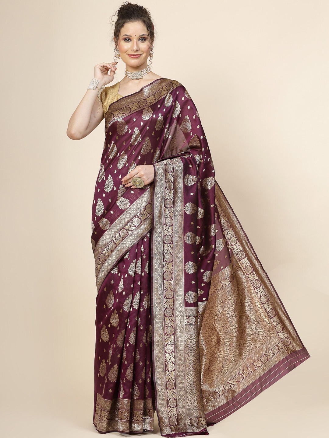 

KALINI Floral Woven Design Banarasi Zari Saree, Purple
