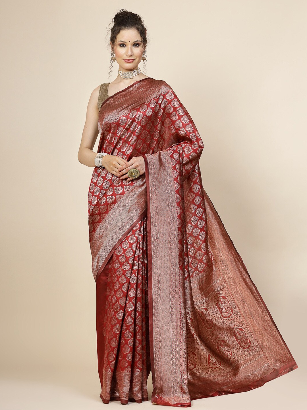 

KALINI Ethnic Motifs Woven Design Banarasi Zari Saree, Red