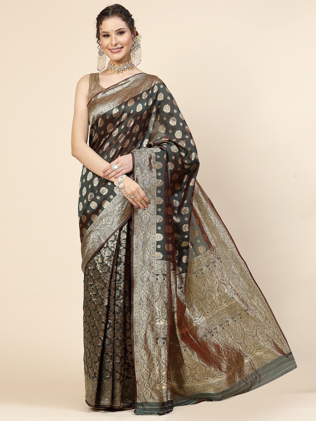 

KALINI Ethnic Motifs Woven Design Banarasi Zari Saree, Green