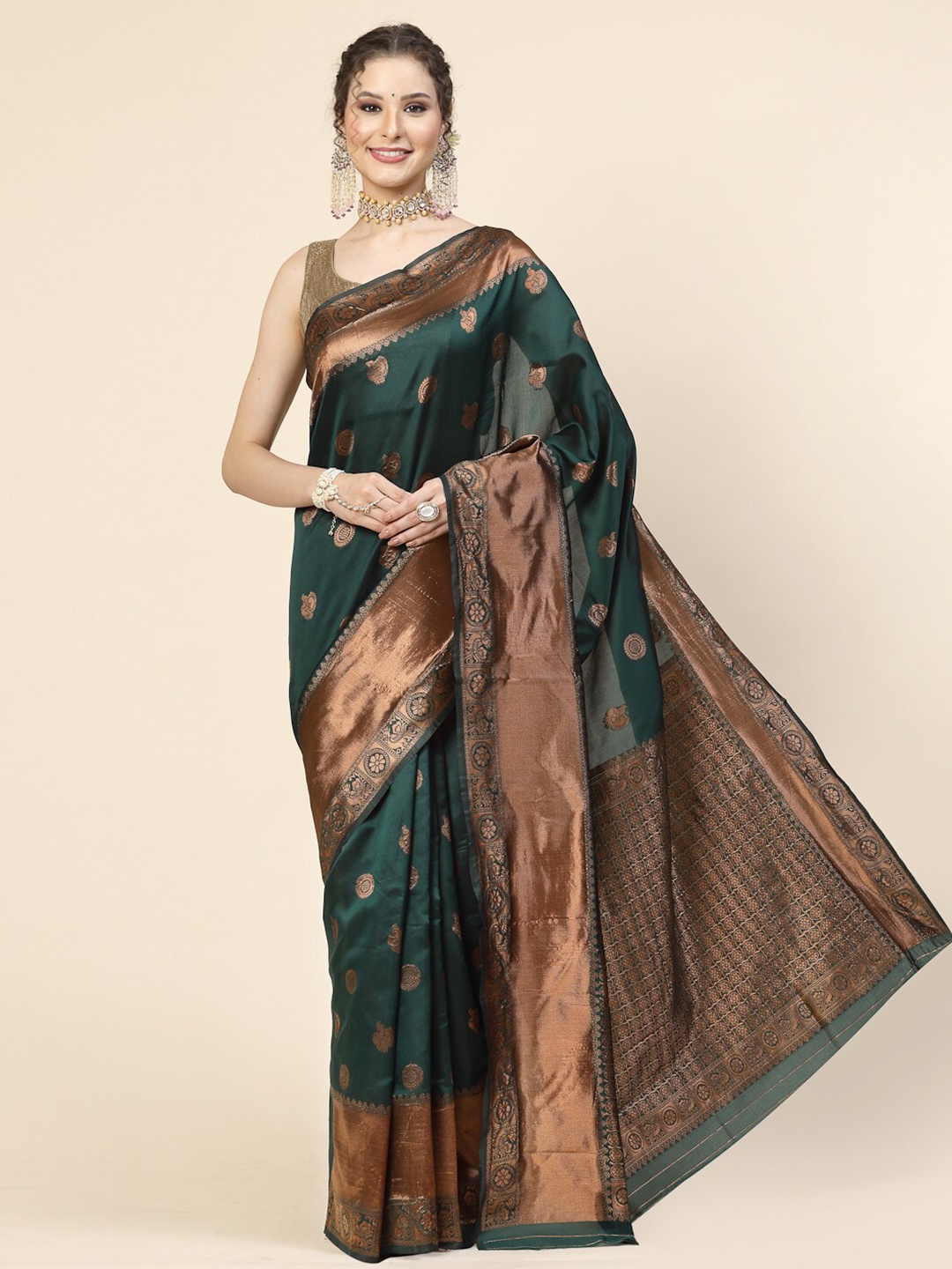 

KALINI Floral Woven Design Banarasi Zari Saree, Green