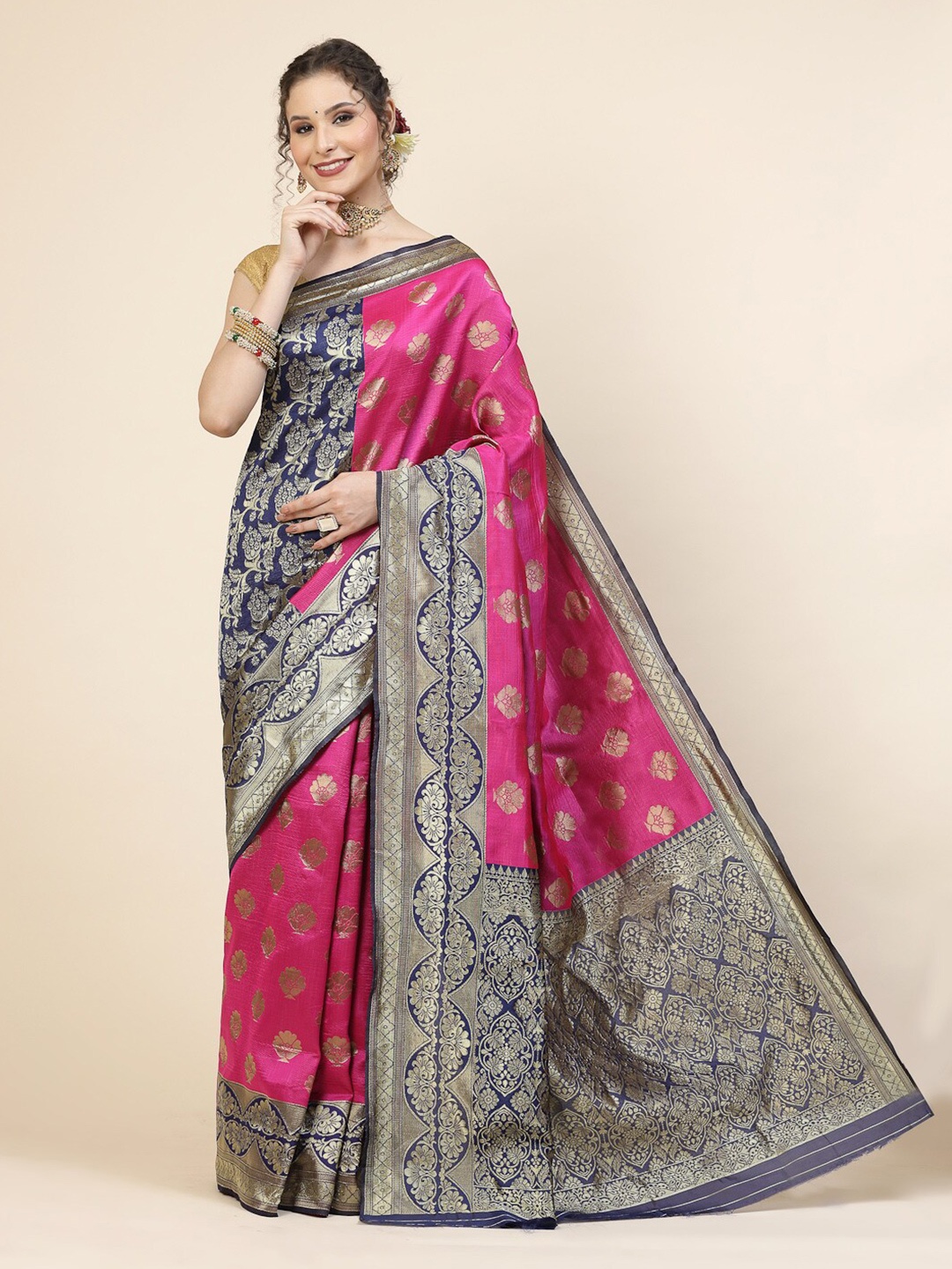

KALINI Ethic Motif Woven Design Banarasi Zari Saree, Pink