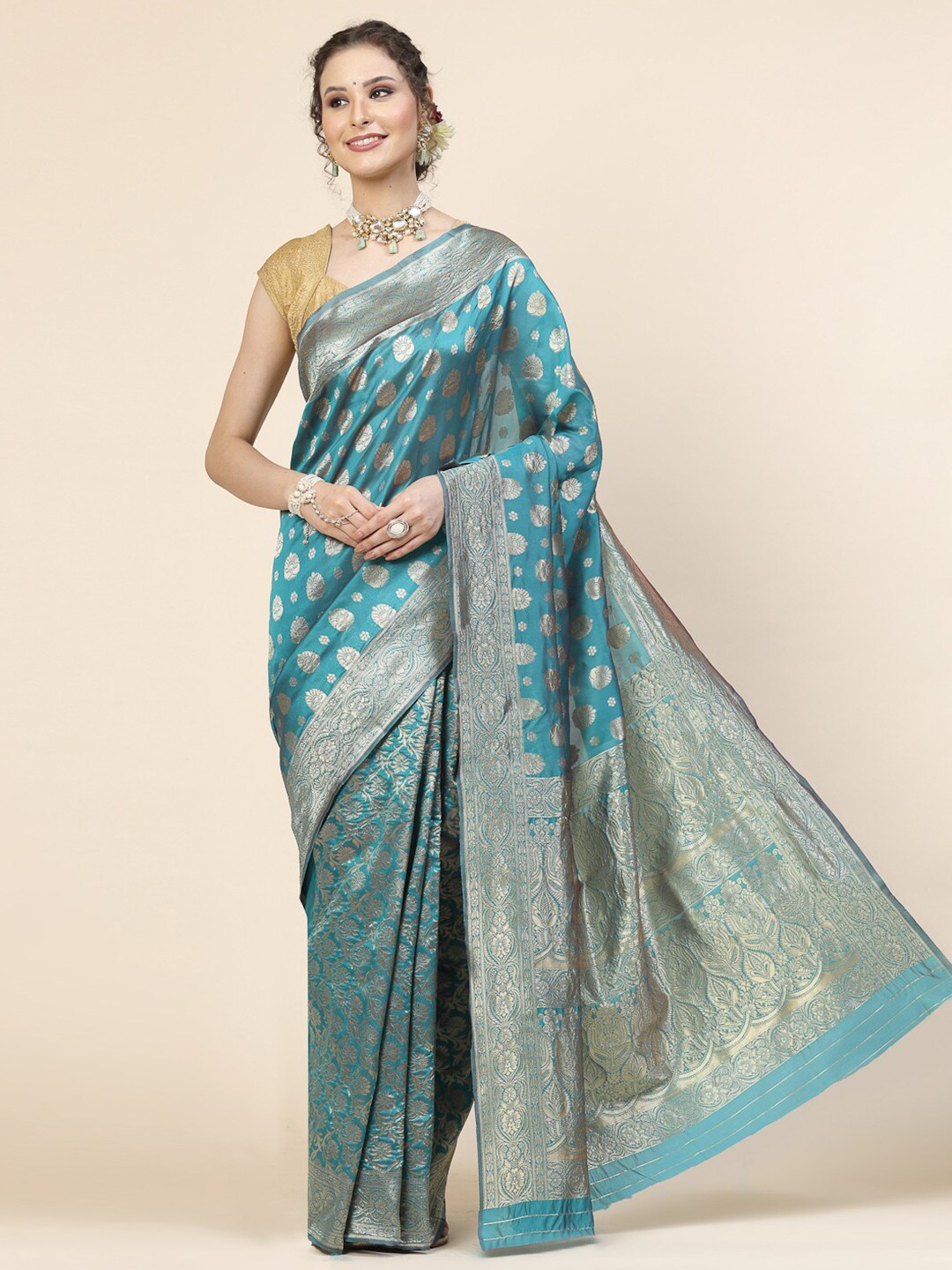 

KALINI Ethnic Motif Woven Design Banarasi Zari Saree, Teal