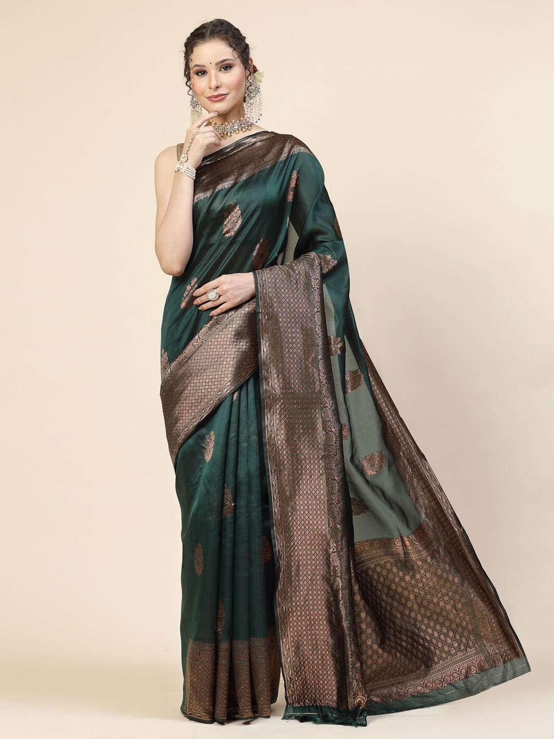 

KALINI Ethnic Motif Woven Design Banarasi Zari Saree, Green