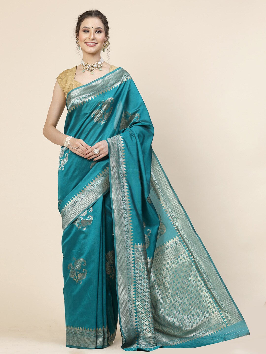 

KALINI Ethnic Motif Woven Design Banarasi Zari Saree, Teal