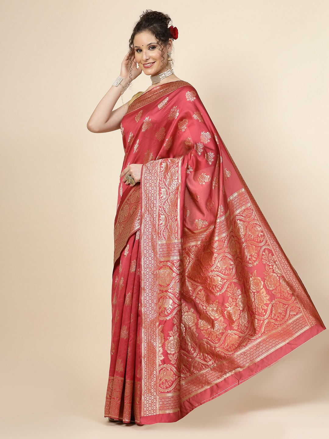 

KALINI Floral Woven Design Banarasi Zari Saree, Red