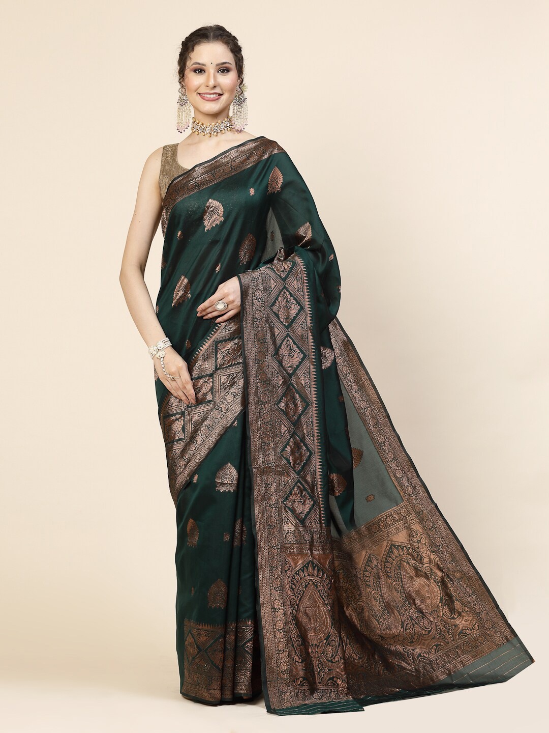 

KALINI Ethnic Motif Woven Design Banarasi Zari Saree, Green