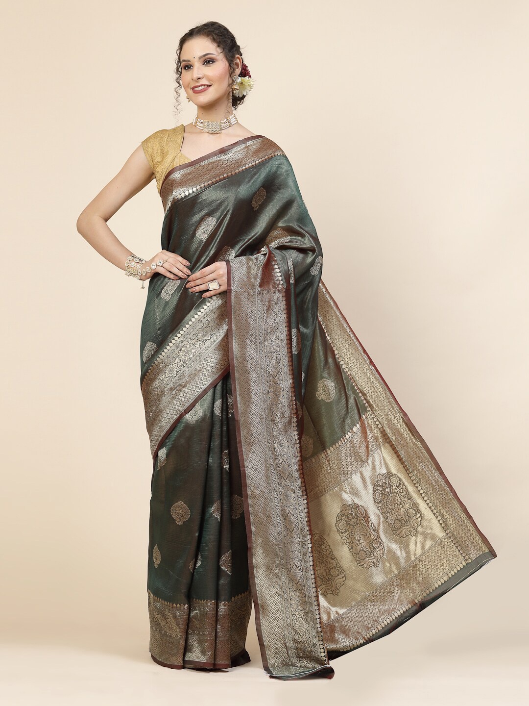 

KALINI Ethnic Motif Woven Design Banarasi Zari Saree, Green