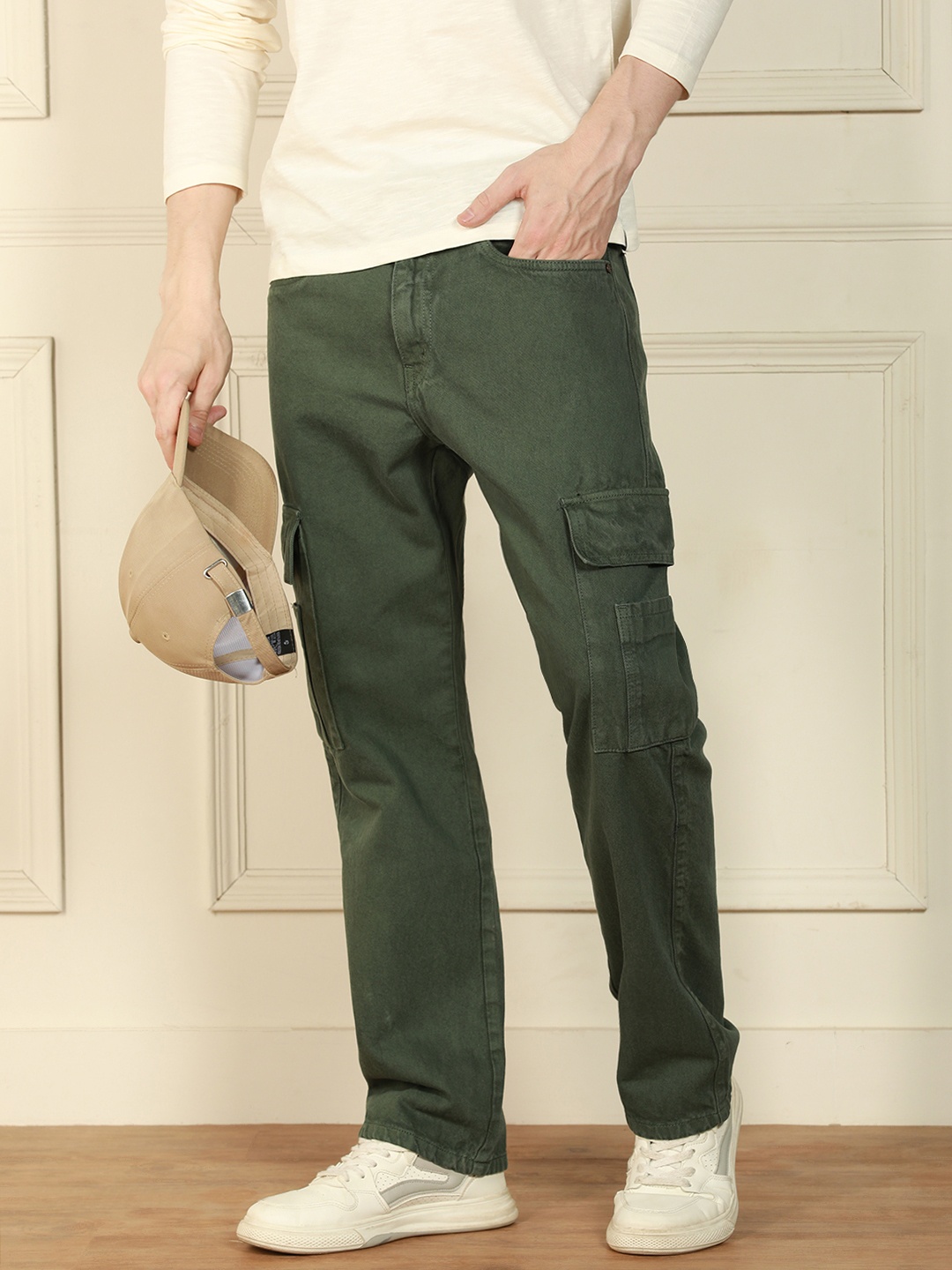 

Dennis Lingo Men Relaxed Fit Pure Cotton Cargo Denim, Olive