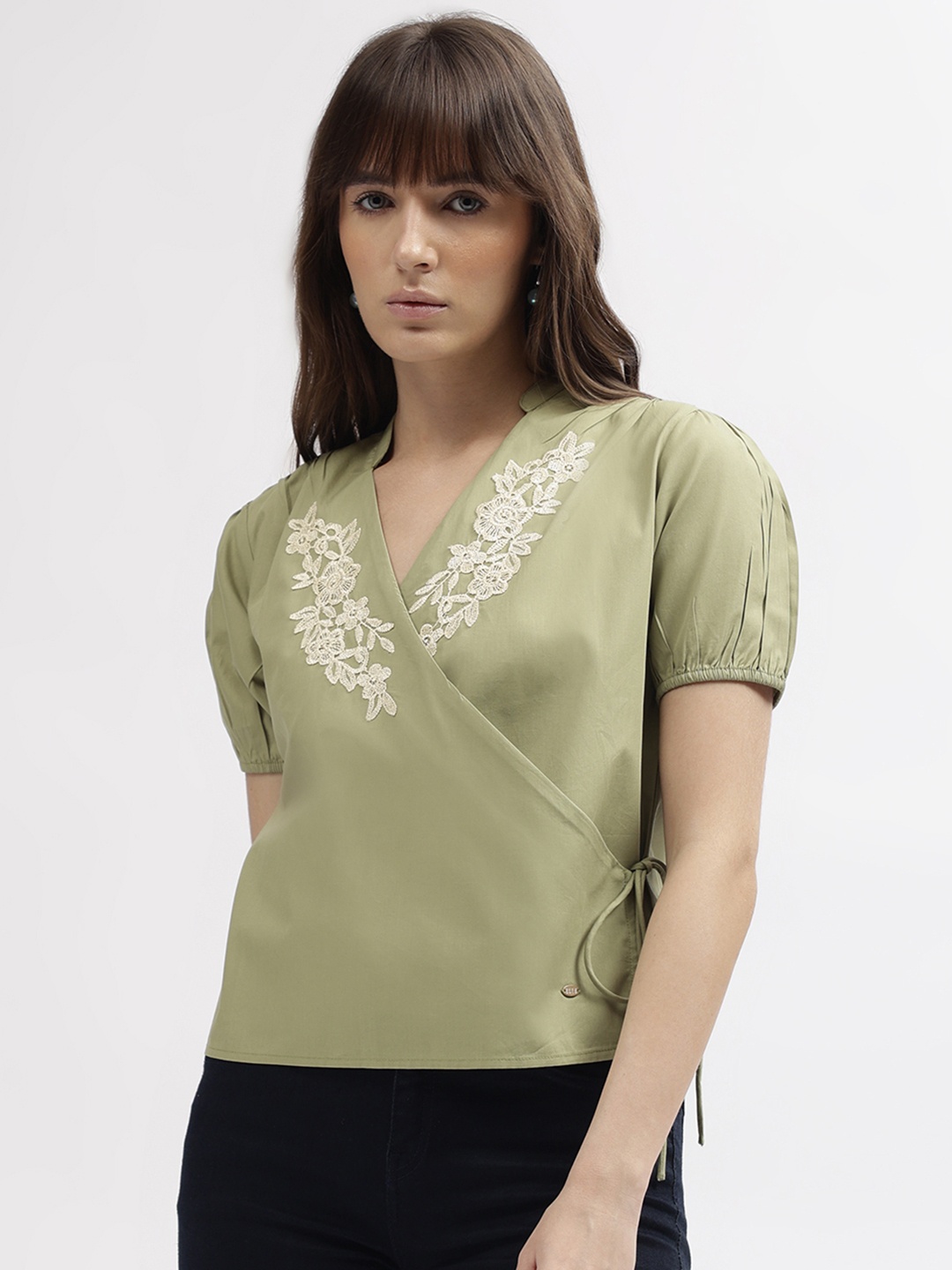 

ELLE Lace Inserts Detailed Puff Sleeves Pure Cotton Wrap Top, Green