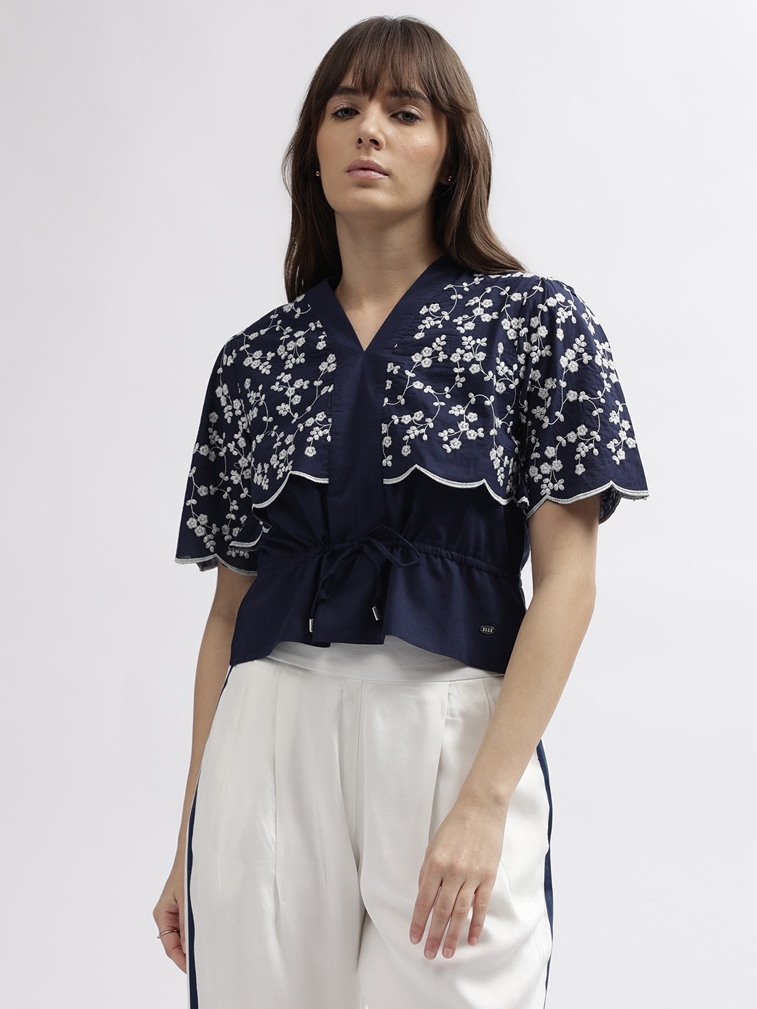 

ELLE Floral Embroidered Cotton Cinched Waist Top, Navy blue