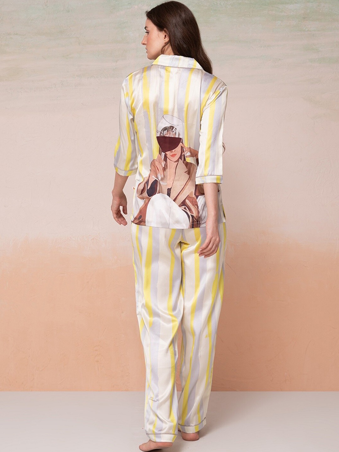 

Bannos Swagger Striped Satin Shirt With Lounge Pant, Yellow