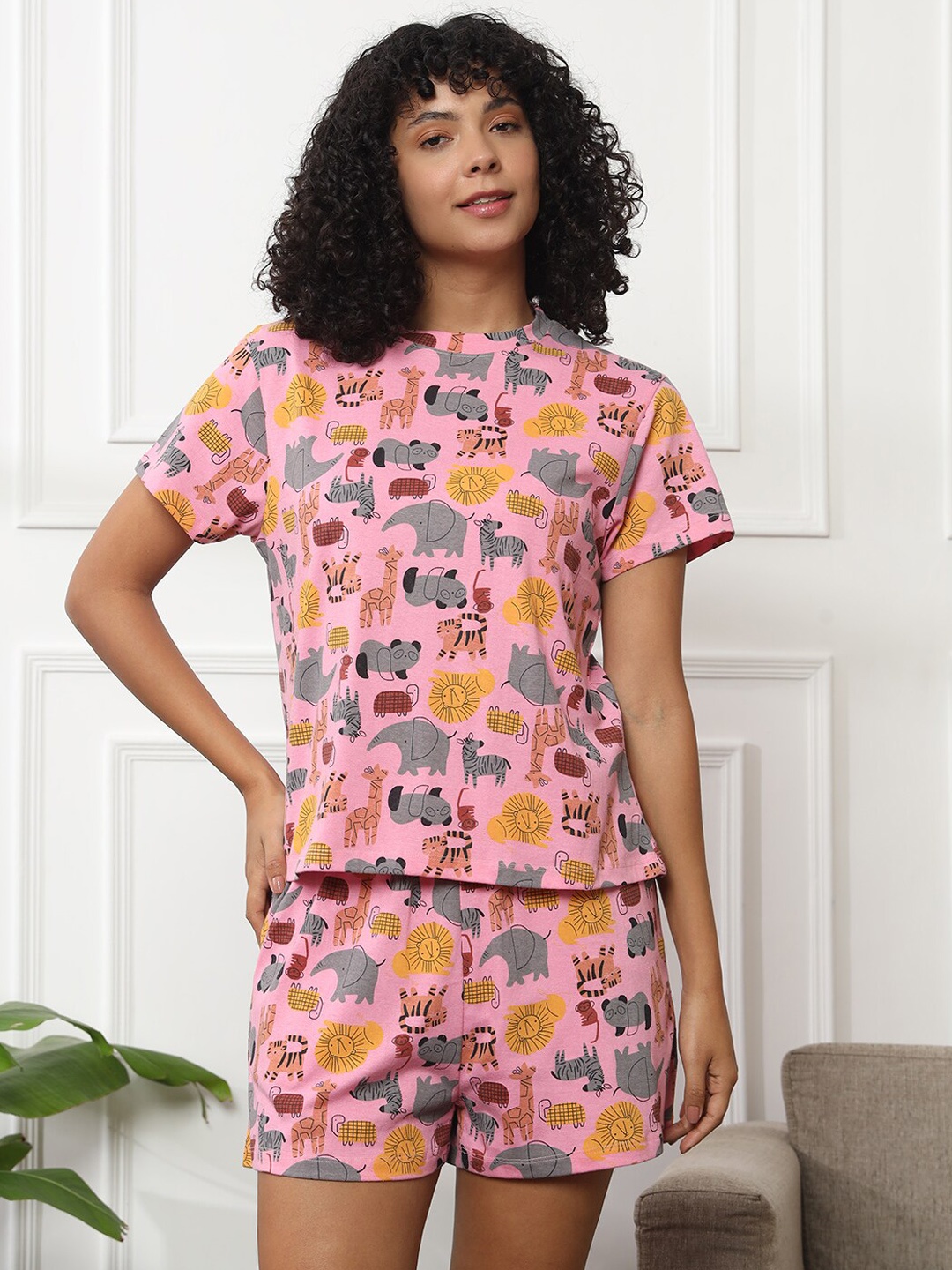 

Bannos Swagger Conversational Printed Cotton Night suit, Pink