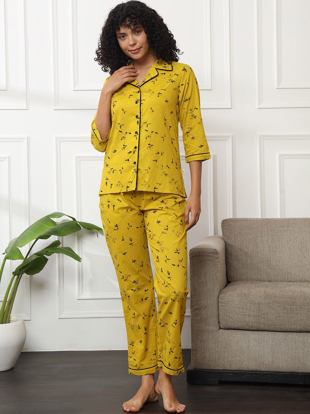

Bannos Swagger Floral Printed Pure Cotton Shirt With Lounge Pant, Yellow