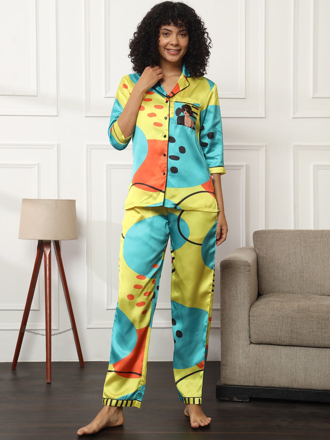 

Bannos Swagger Geometric Printed Satin Shirt With Lounge Pant, Yellow