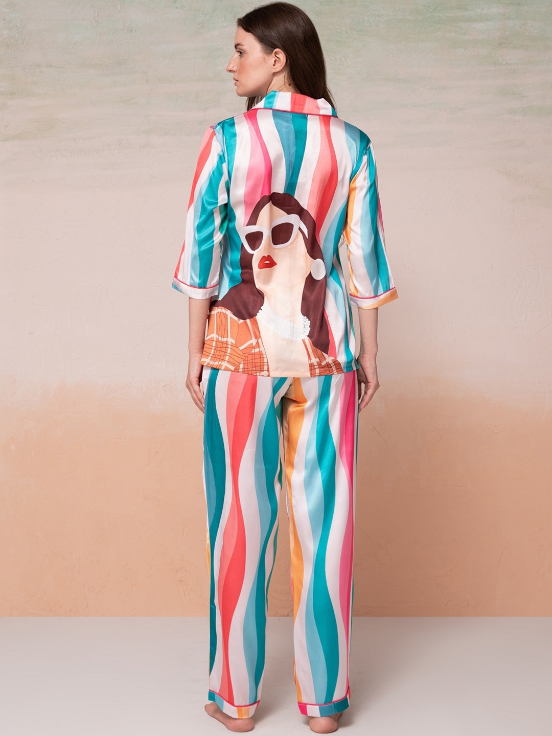 

Bannos Swagger Abstract Printed Satin Shirt With Lounge Pant, Blue