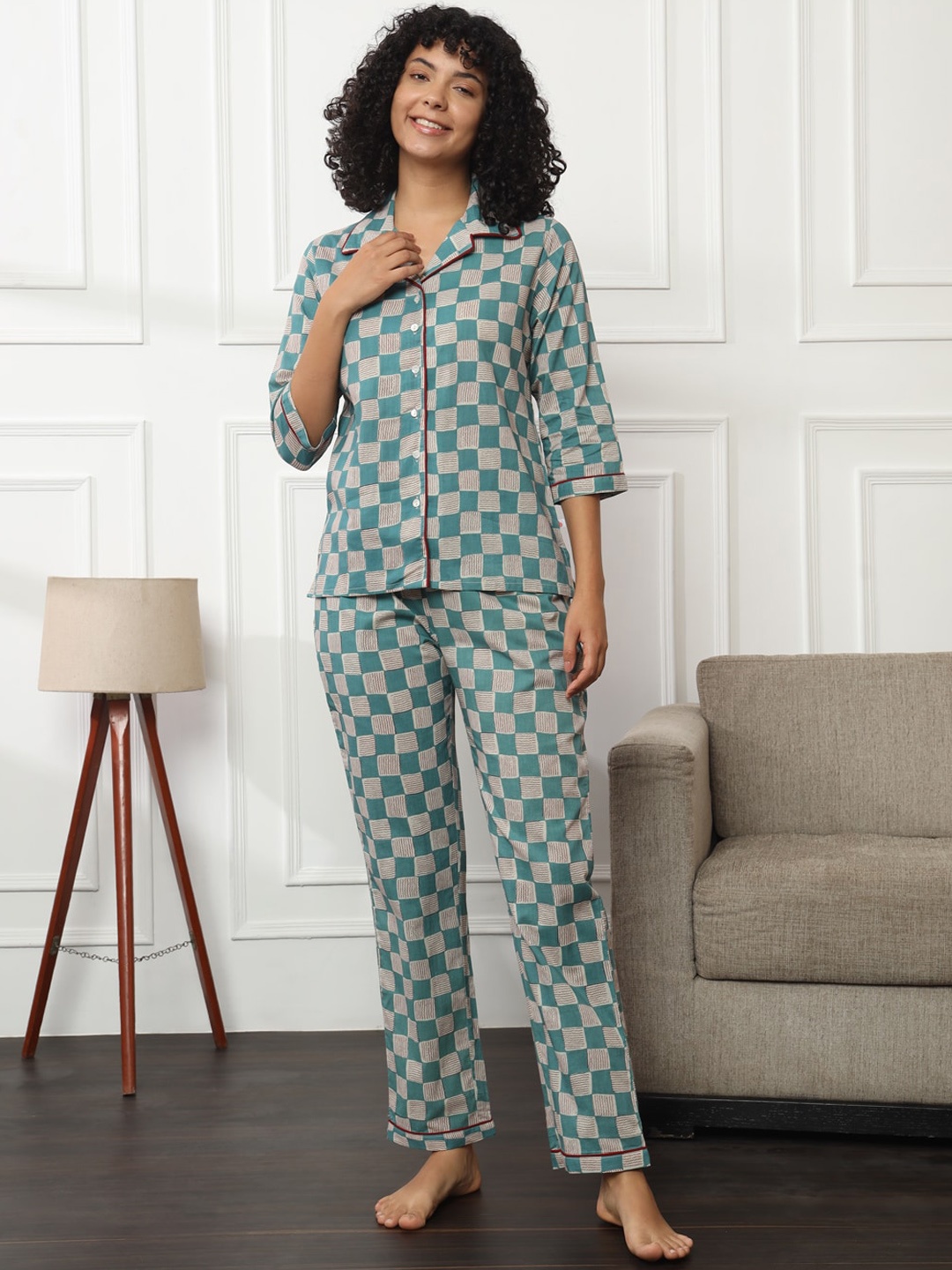 

Bannos Swagger Checked Cotton Night suit, Blue