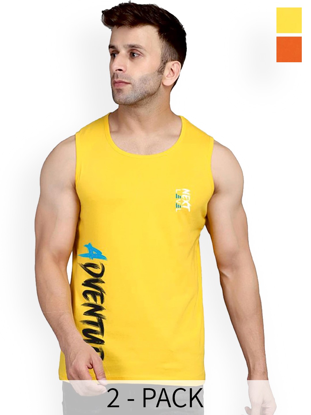 

SLOWLORIS Pack Of 2 Printed Bio-Wash Innerwear Vests SL26 (ORANGE KEEP) (YELLOW ADV)
