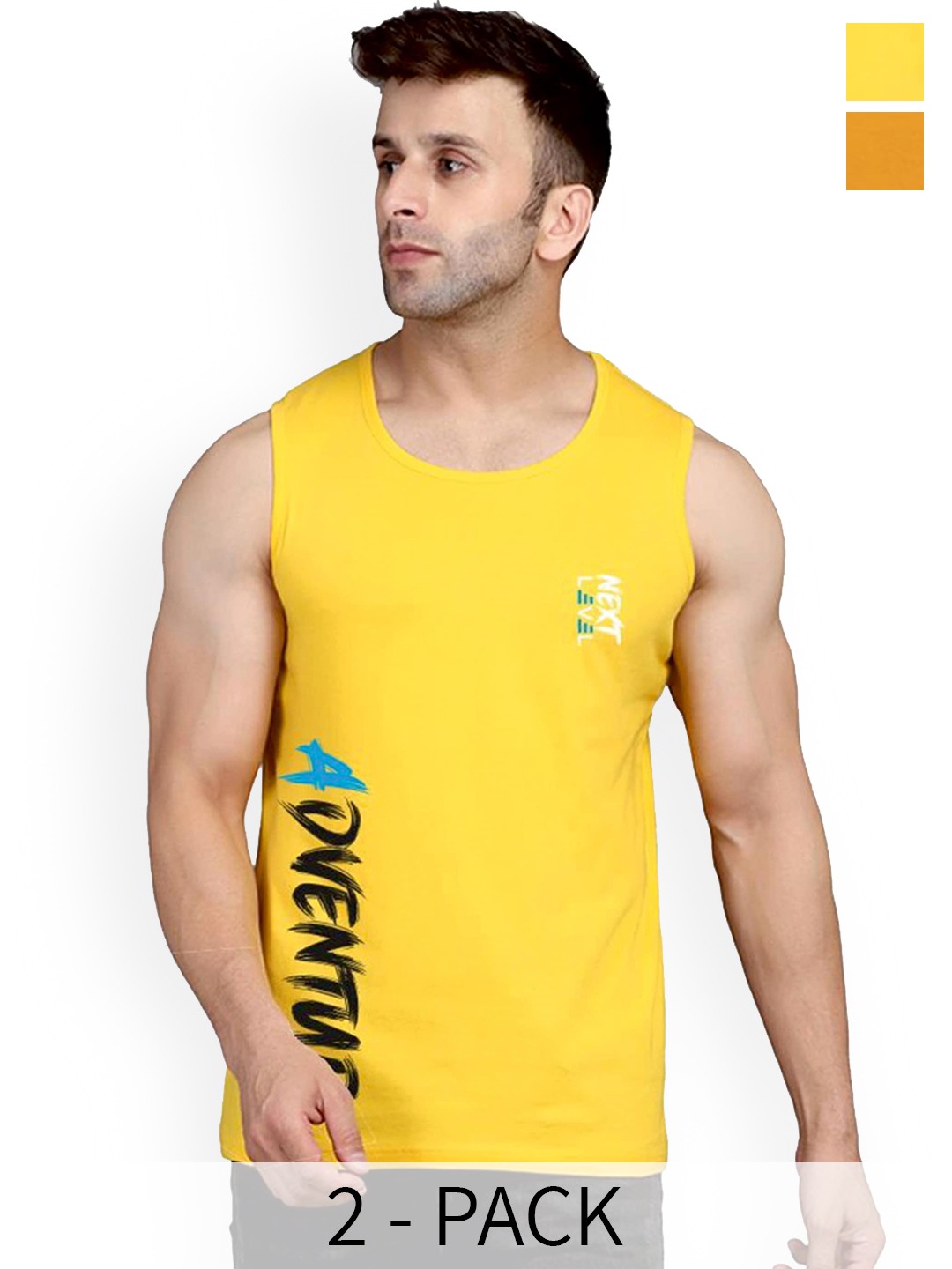 

SLOWLORIS Pack Of 2 Printed Bio-Wash Combed Cotton Gym Vests, Mustard