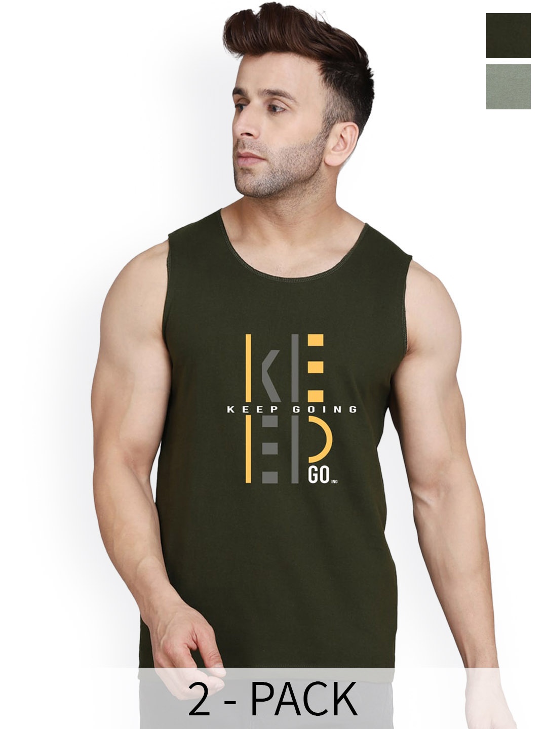 

SLOWLORIS Pack Of 2 Printed Bio-Wash Combed Cotton Gym Innerwear Vests, Olive