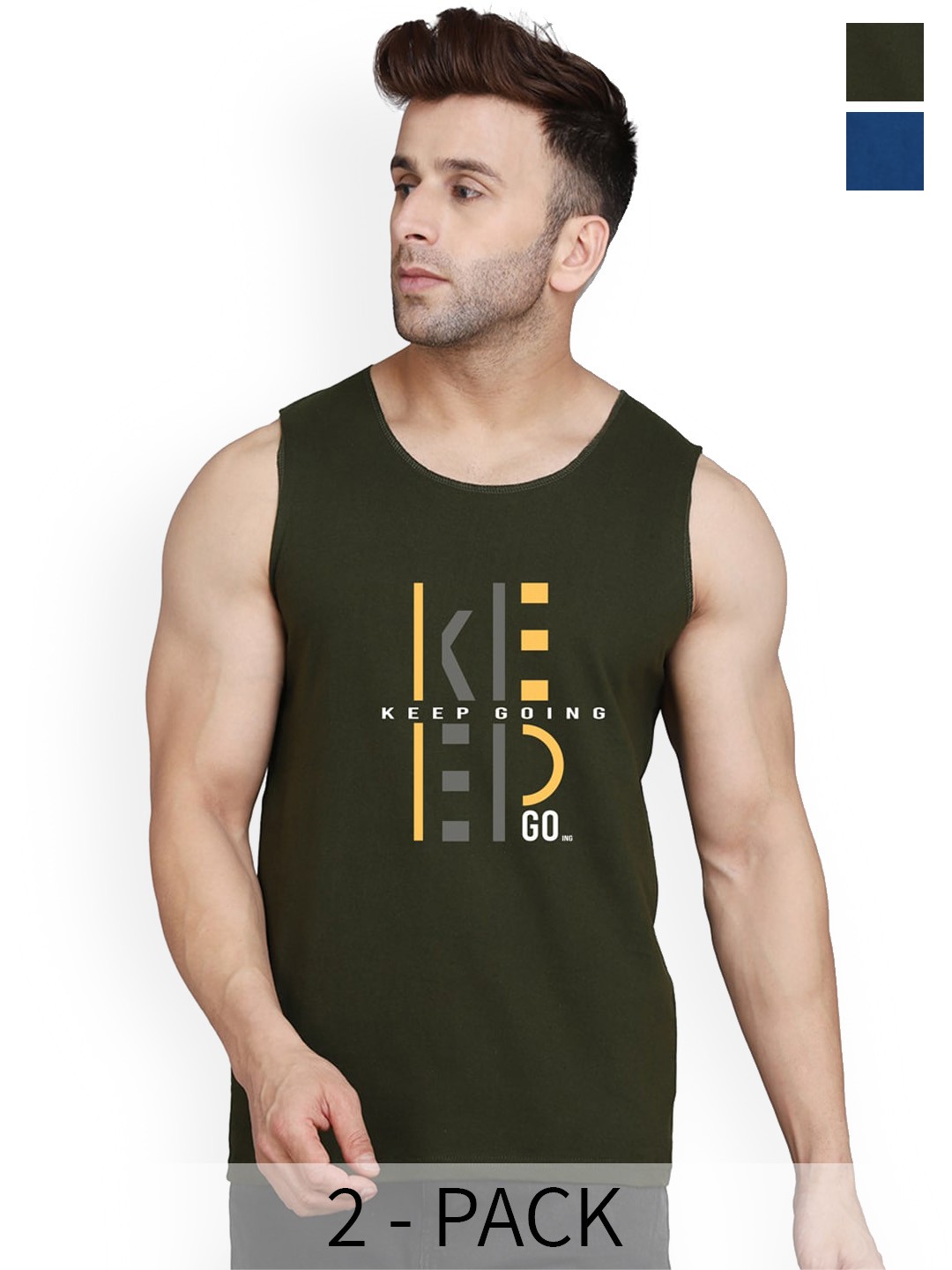 

SLOWLORIS Pack Of 2 Printed Bio-Wash Combed Cotton Innerwear Vests, Olive