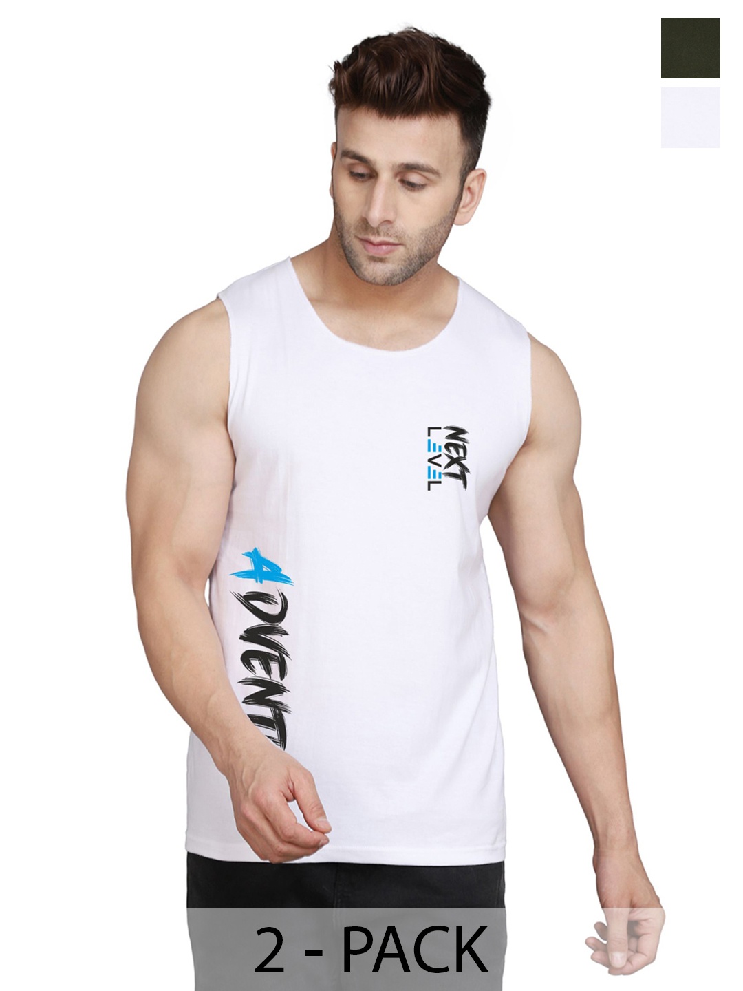 

SLOWLORIS Pack Of 2 Typography Printed Round Neck Bio-Wash Gym Vests, Olive