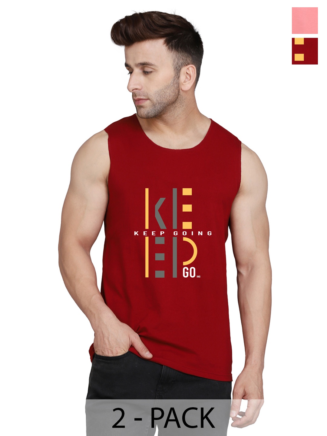 

SLOWLORIS Pack Of 2 Printed Sleeveless Vest, Maroon