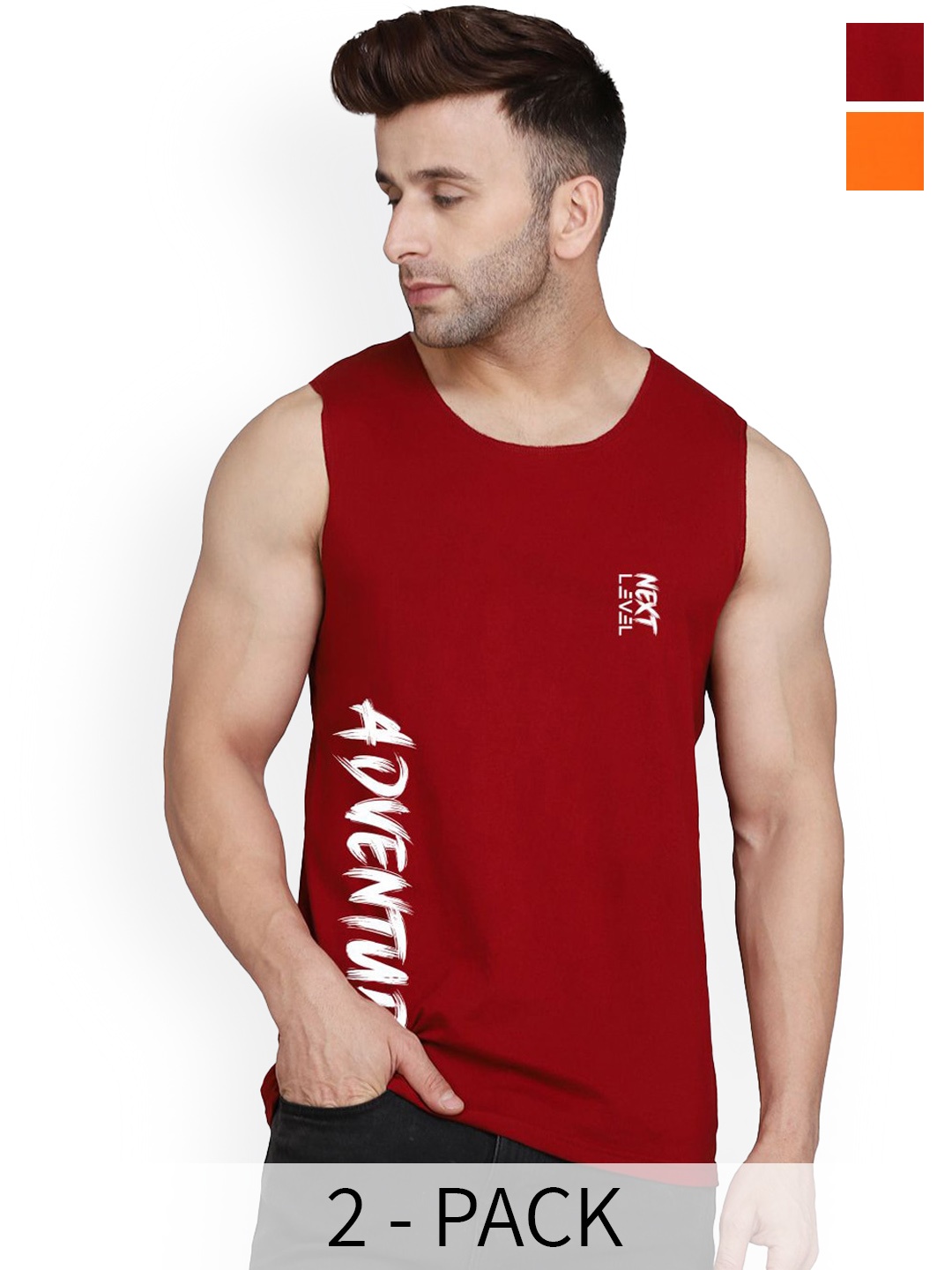 

SLOWLORIS Pack Of 2 Printed Bio-Wash Innerwear Vests SL26 (ORANGE KEEP) (MAROON ADV)