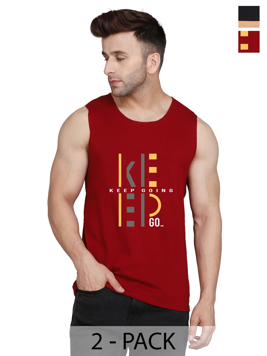

SLOWLORIS Pack Of 2 Typography Printed Round Neck Bio-Wash Gym Vests, Maroon