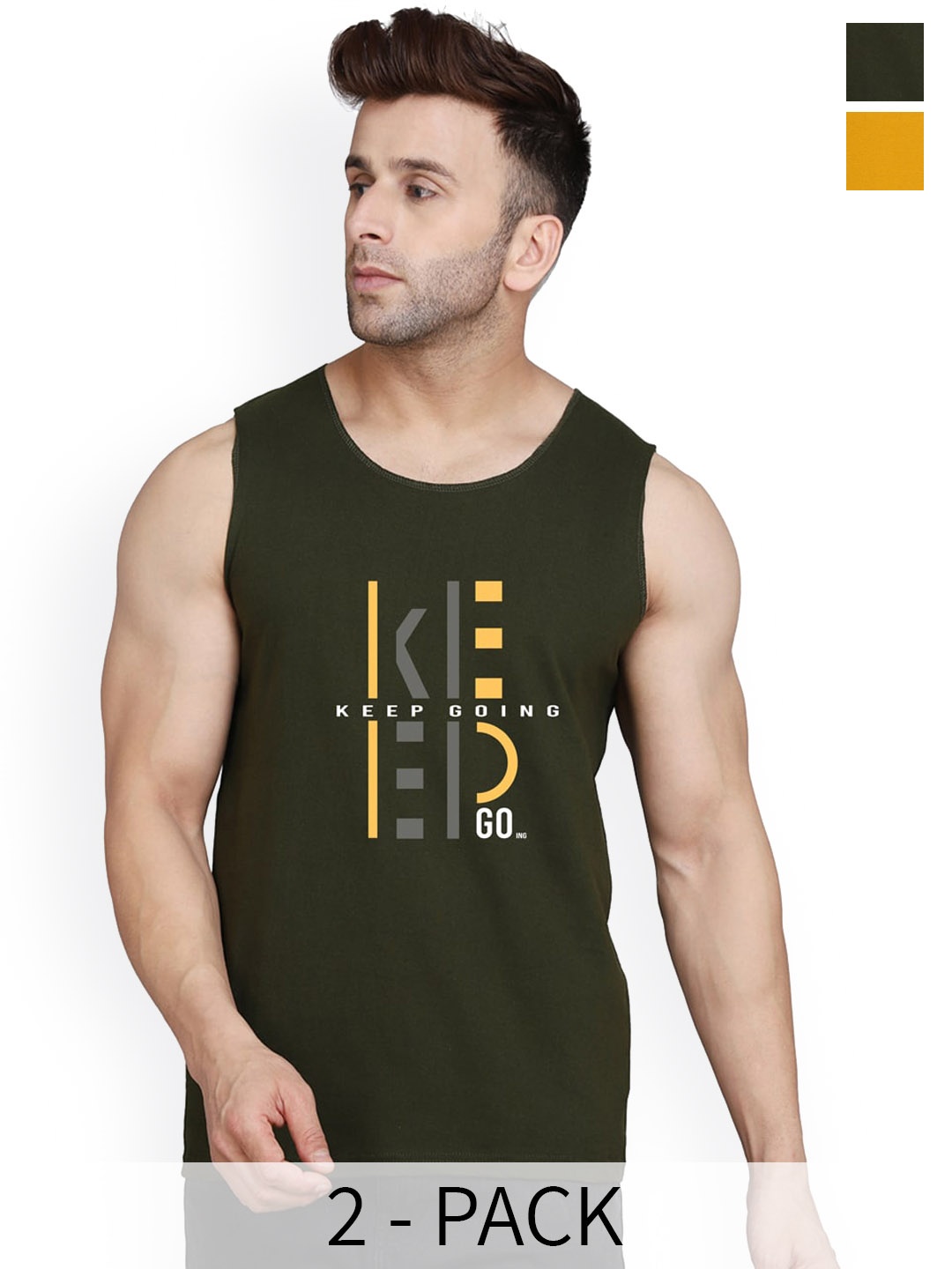 

SLOWLORIS Pack Of 2 Printed Bio Wash Innerwear Vests, Olive