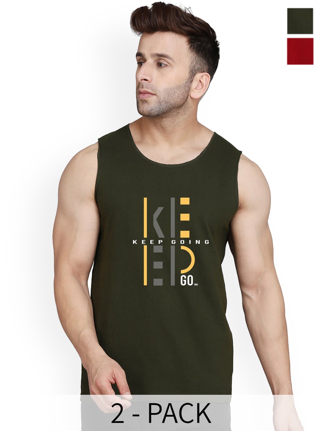 

SLOWLORIS Pack Of 2 Printed Bio-Wash Innerwear Vests SL26 (OLIVE KEEP) (MAROON ADV)