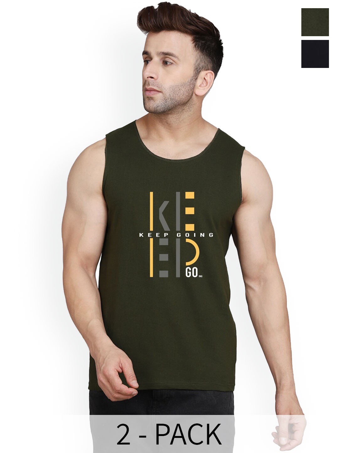 

SLOWLORIS Pack Of 2 Printed Bio-Wash Innerwear Vests SL26 (OLIVE KEEP) (BLACK ADV)