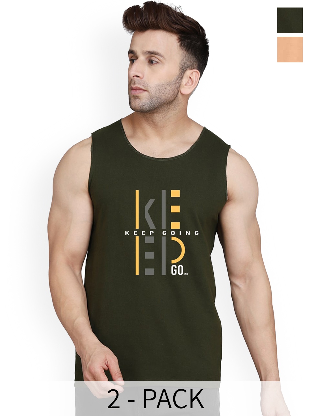 

SLOWLORIS Pack Of 2 Printed Bio Wash Innerwear Vests, Olive