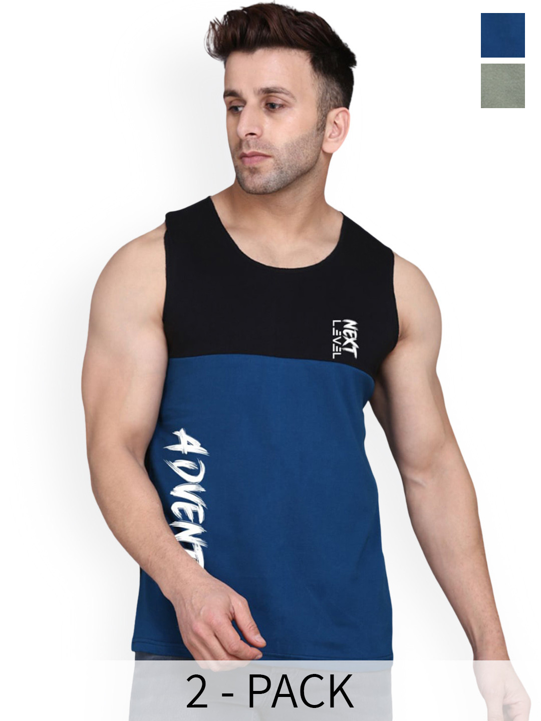 

SLOWLORIS Pack Of 2 Printed Bio-Wash Gym Vests SL26 (LGTGREEN KEEP) (BLACKPEACOCK ADV), Green