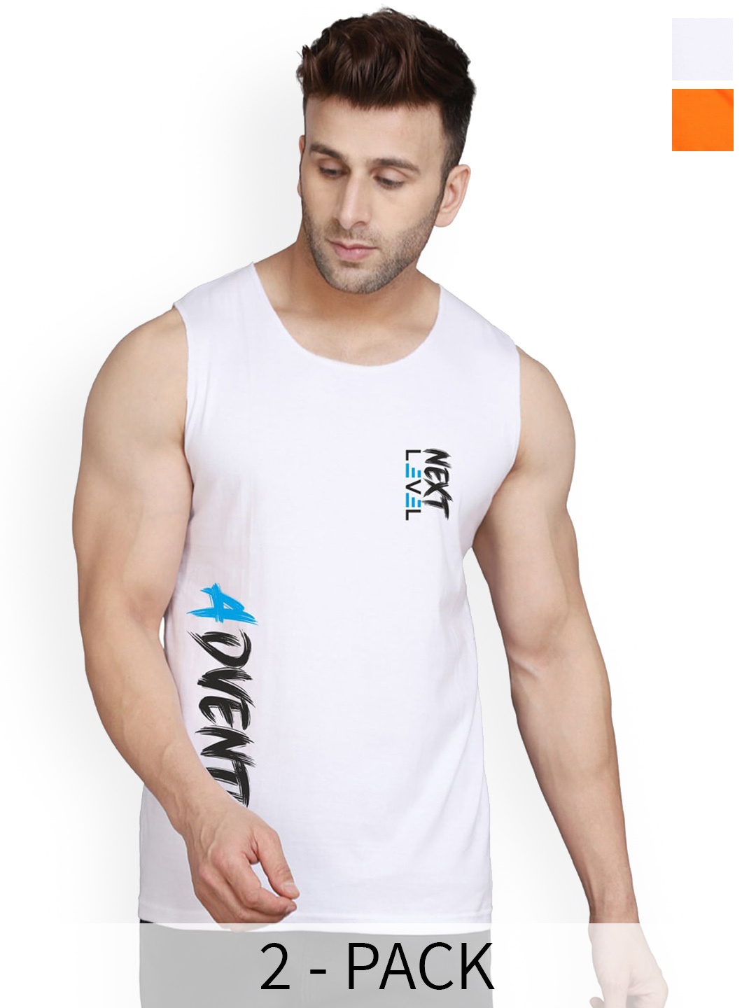 

SLOWLORIS Pack Of 2 Printed Bio-Wash Innerwear Vests SL26 (ORANGE KEEP) (WHITE ADV)