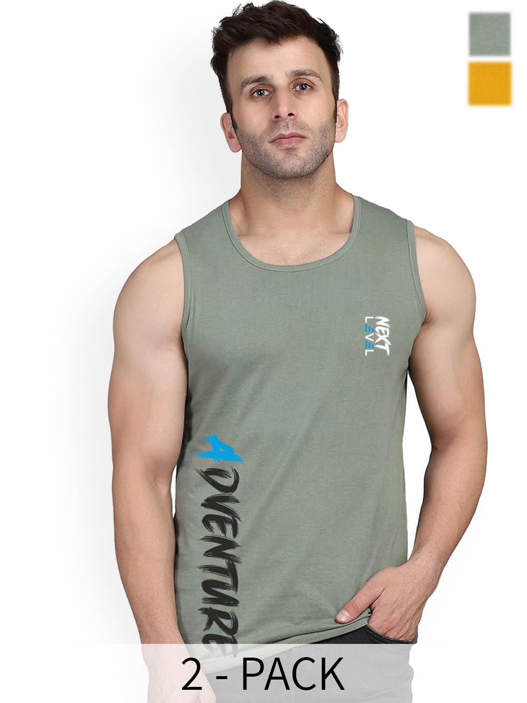 

SLOWLORIS Pack Of 2 Printed Bio-Wash Gym Vests SL26 (MUSTARD KEEP) (LGTGREEN ADV)