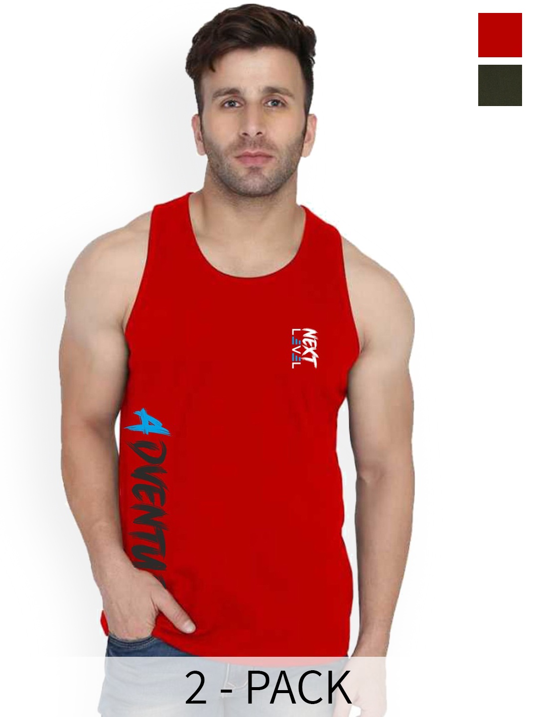

SLOWLORIS Pack Of 2 Printed Bio-Wash Gym Vests SL26 (OLIVE KEEP) (RED ADV)