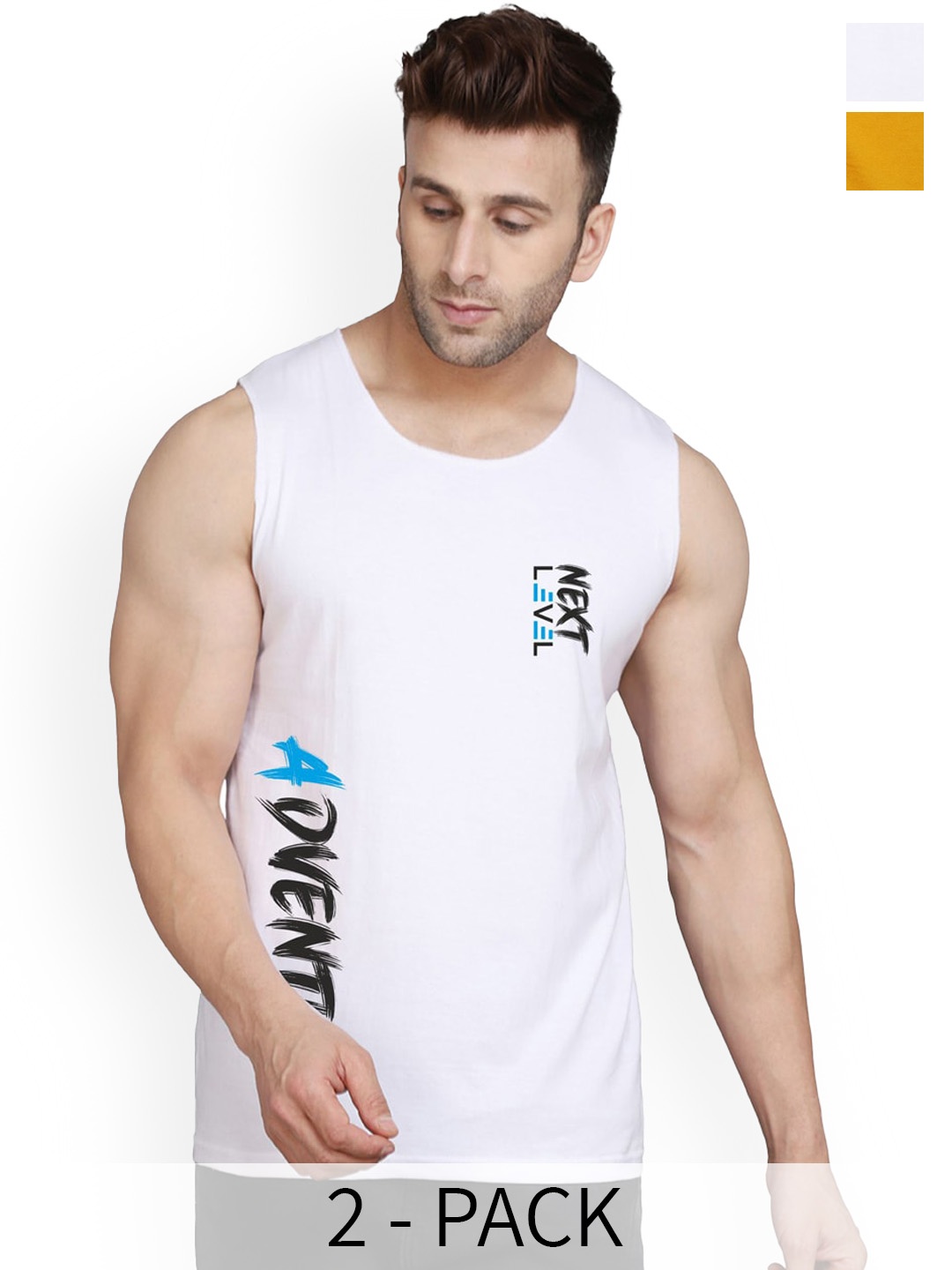 

SLOWLORIS Pack Of 2 Printed Bio-Wash Gym Vests SL26 (MUSTARD KEEP) (WHITE ADV)