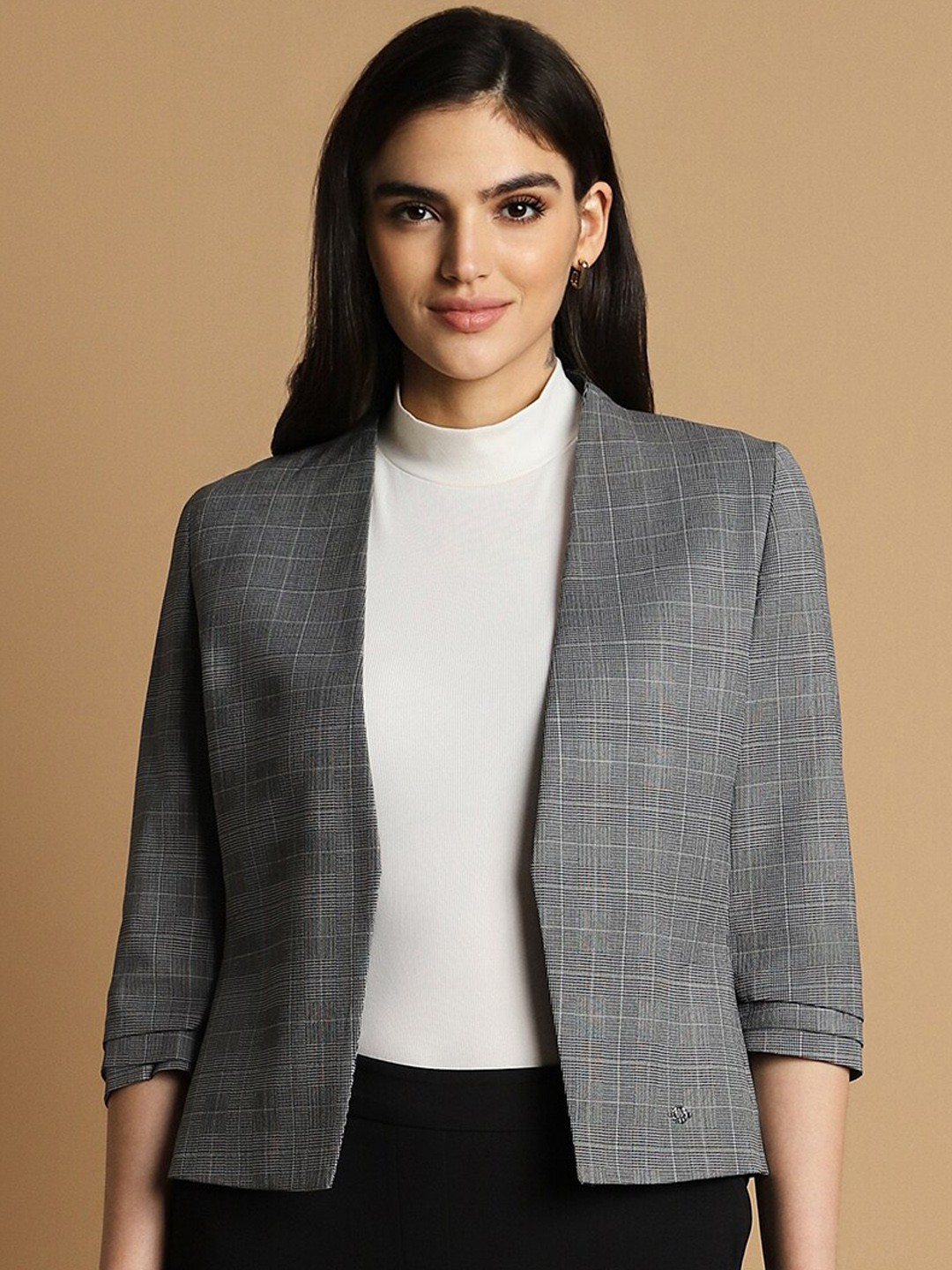

Allen Solly Woman Checked Open Front Casual Blazer, Grey