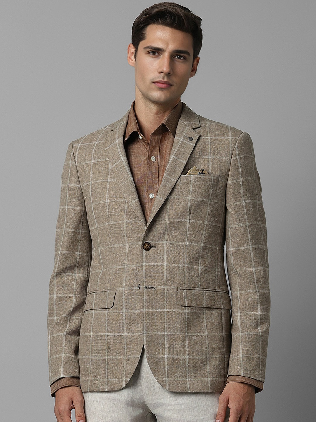 

Louis Philippe Checked Notched Lapel Long Sleeves Single-Breasted Slim-Fit Formal Blazer, Brown