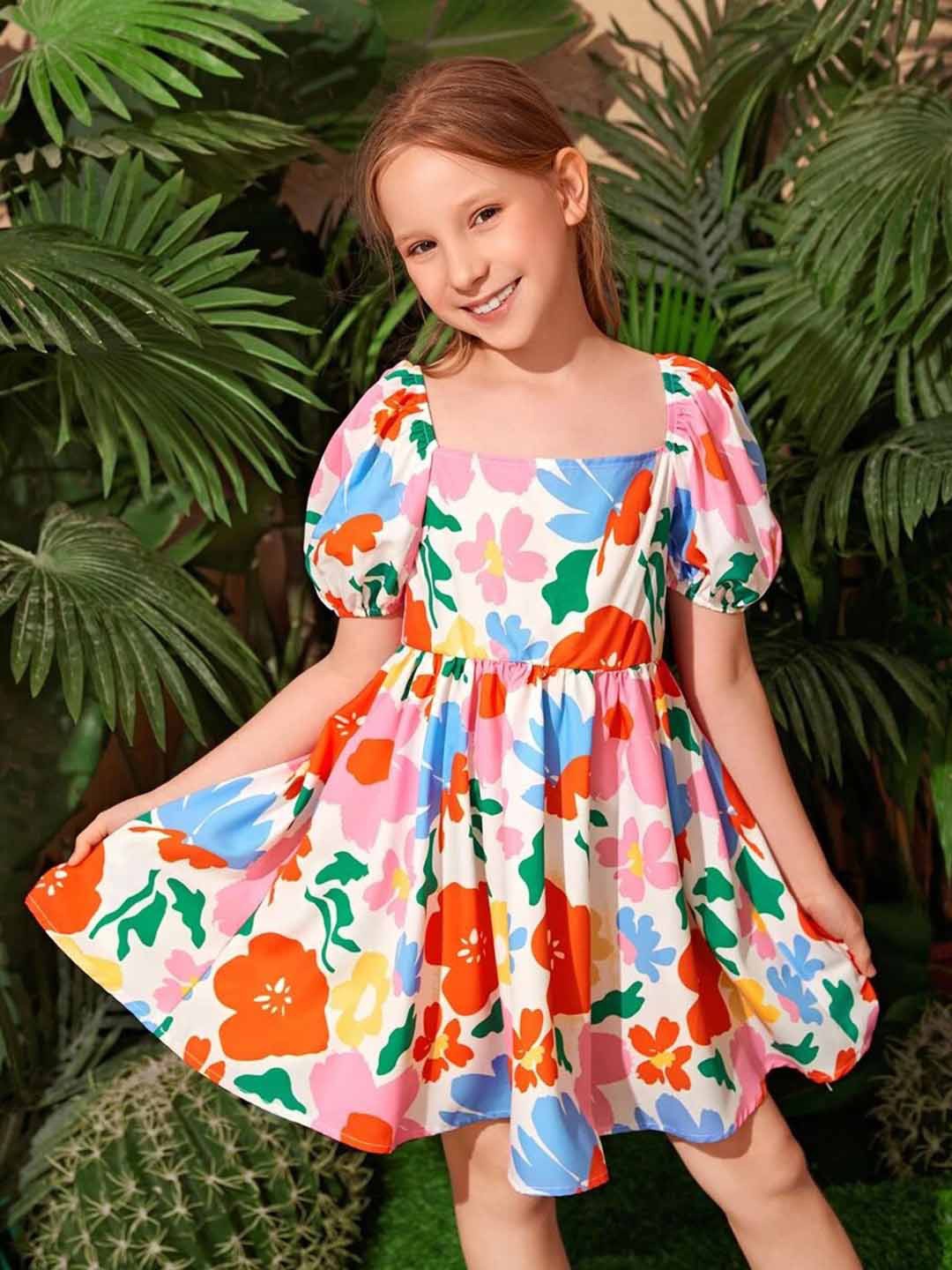 

BAESD Floral Print Puff Sleeve Fit & Flare Dress, Pink